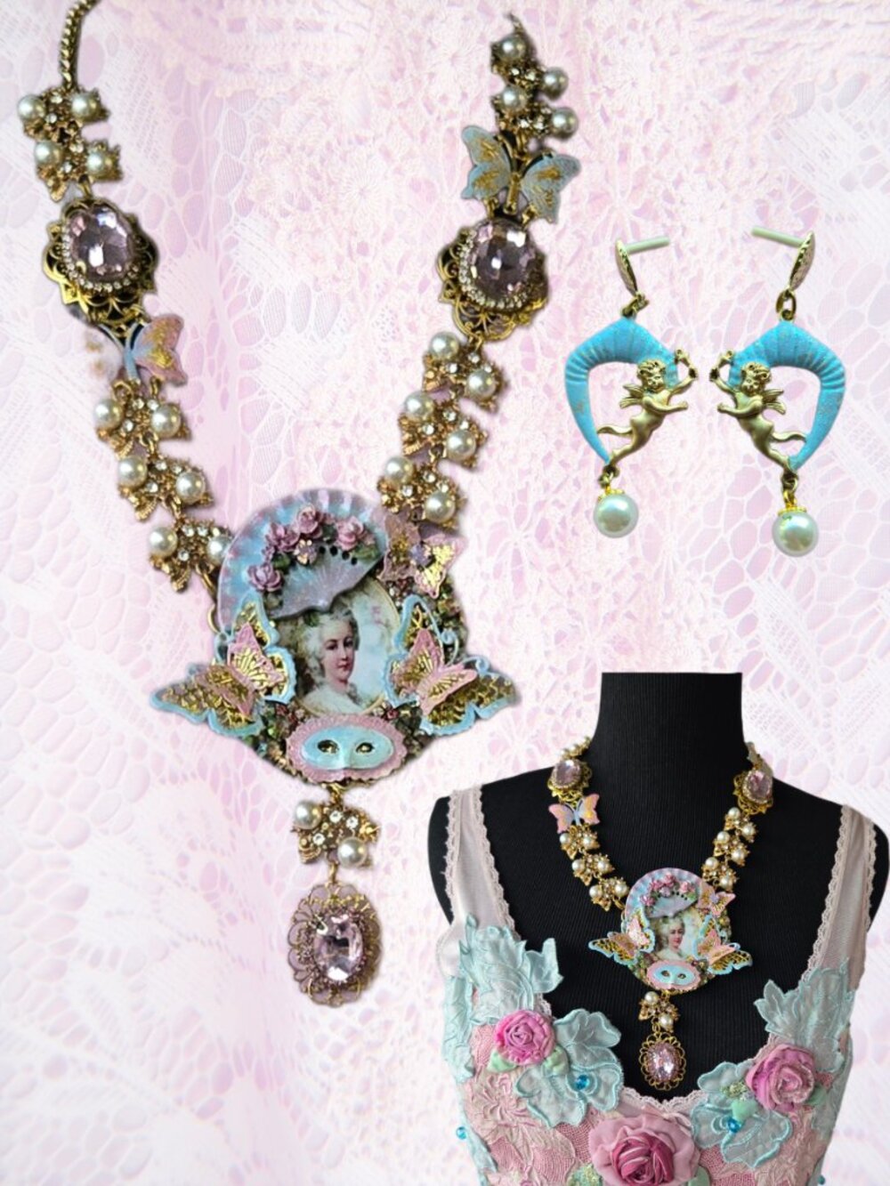 Whimsical Romantic Butterfly and Rococo Lady Necklace and Earring Set Coquette
